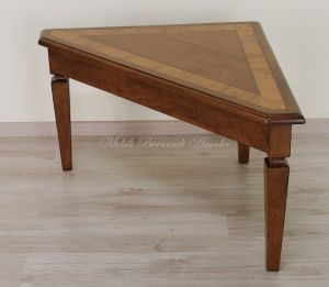 Classic triangular coffee table made of solid walnut with inlaid olive wood top